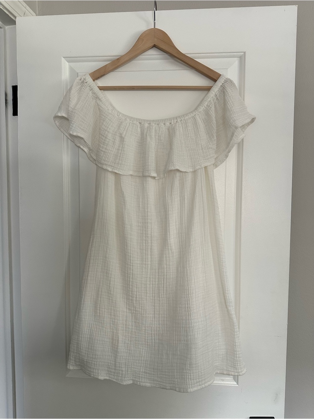 Aerie White Cotton Gauze Off Shoulder Ruffle Mini Dress, Size M